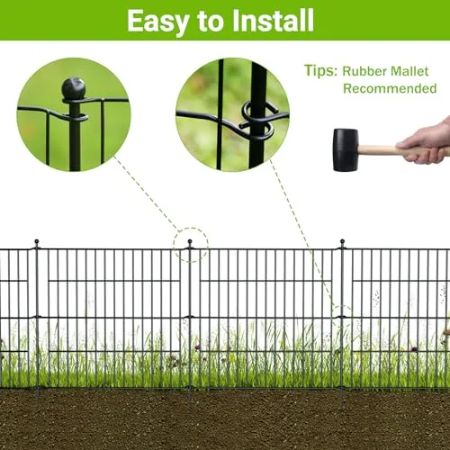 10 Panels No Dig Decorative Outdoor Garden Fence with Gate for Yard, 40 in(H) X 23.6 ft(L) Animal Barrier Fencing Rustproof Metal Wire Panel Border for Dog, Rabbits, and Patio Temporary Ground Stakes