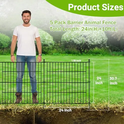 10 Panels No Dig Decorative Outdoor Garden Fence with Gate for Yard, 40 in(H) X 23.6 ft(L) Animal Barrier Fencing Rustproof Metal Wire Panel Border for Dog, Rabbits, and Patio Temporary Ground Stakes