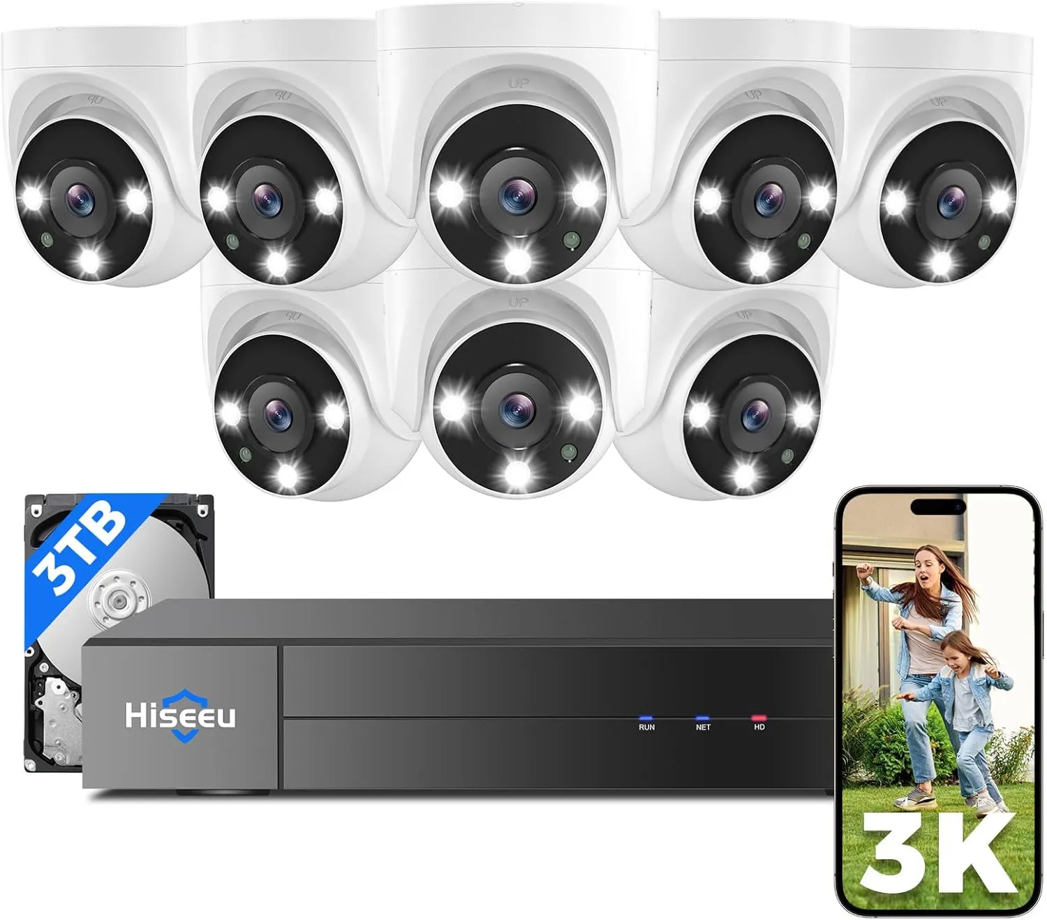 [121Wide View 3K HD] Hiseeu 3K Wired Security Camera System with Audio,8PCS 5MP Security Cameras,Alarm Spotlight,Human Vehicle Detect,No Monthly Fee,3TB HDD for Outdoor Home Surveillance DVR Kit