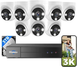 [121Wide View 3K HD] Hiseeu 3K Wired Security Camera System with Audio,8PCS 5MP Security Cameras,Alarm Spotlight,Human Vehicle Detect,No Monthly Fee,3TB HDD for Outdoor Home Surveillance DVR Kit