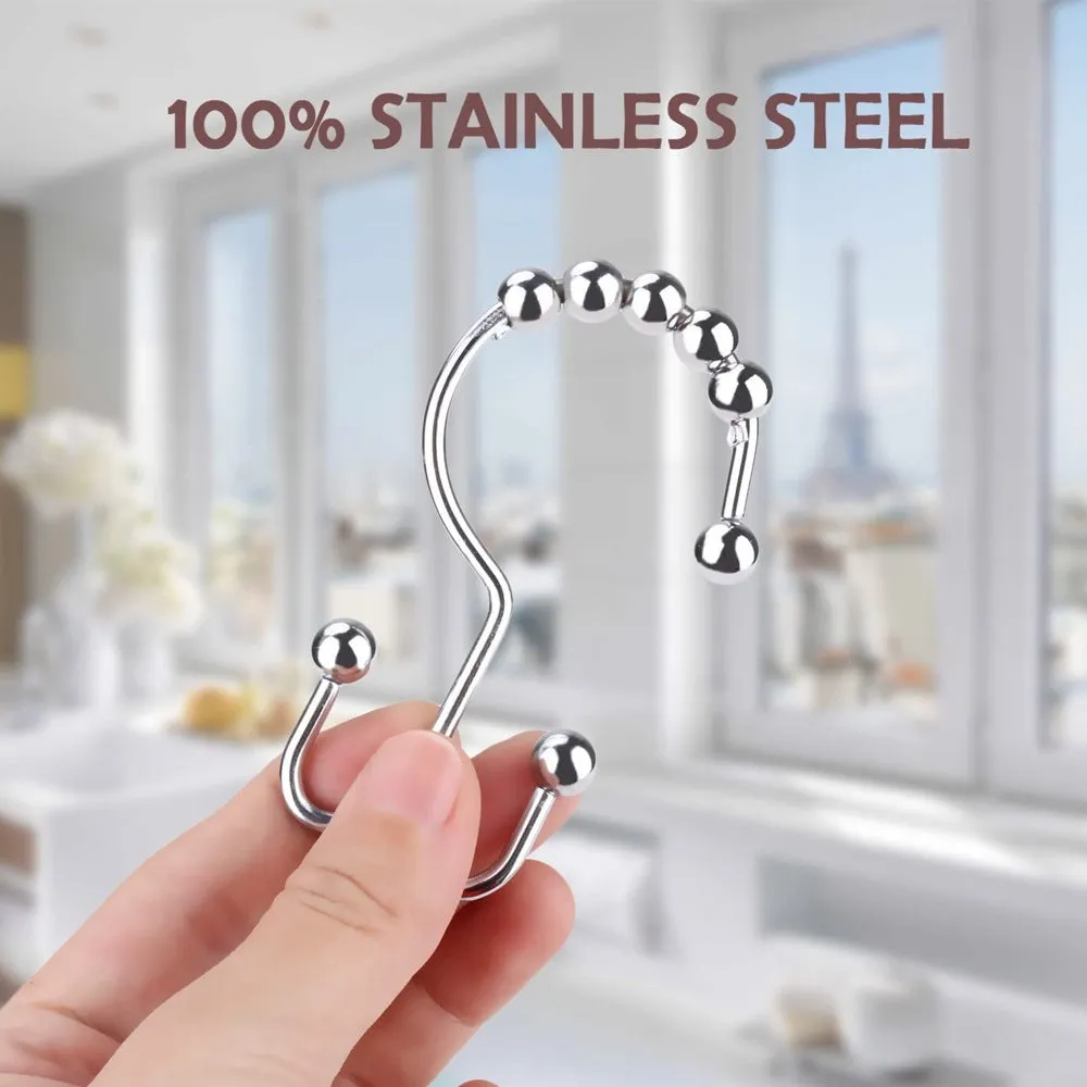 12PCS Rustproof Shower Curtain Rings, Stainless Steel Heavy Duty Roller Double Glide Shower Hooks for Bathroom Shower Rods Curtains Liners, Polished Chrome, Set of 12