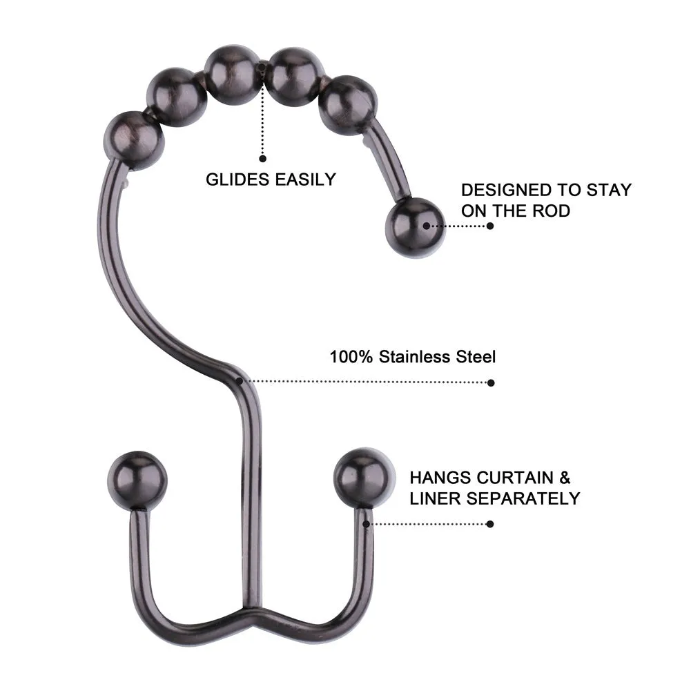 12PCS Rustproof Shower Curtain Rings, Stainless Steel Heavy Duty Roller Double Glide Shower Hooks for Bathroom Shower Rods Curtains Liners, Polished Chrome, Set of 12