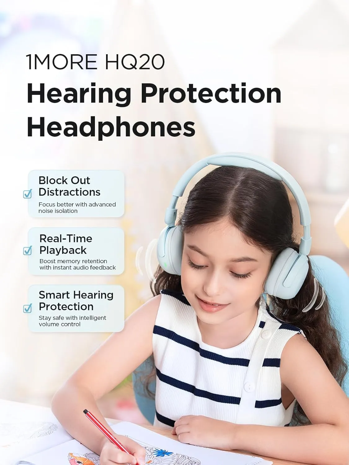 1MORE Kids Bluetooth Wireless Headphones - HQ20 SonoFlow Mini Over Ear Headphones, Safe Volume, 65H Playtime, Foldable&Comfortable, Microphone for Call, Android and iOS Compatible(Blue)