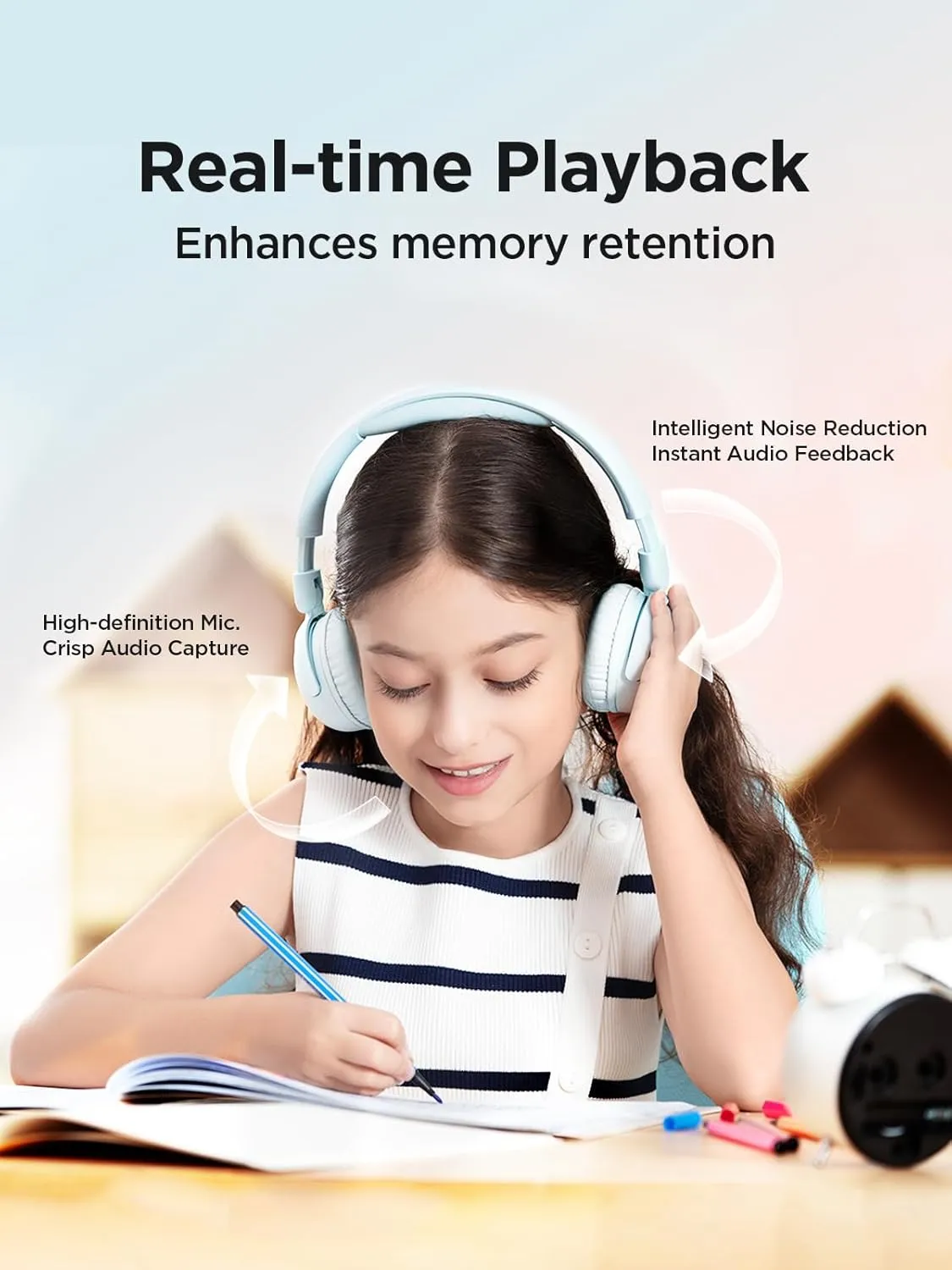 1MORE Kids Bluetooth Wireless Headphones - HQ20 SonoFlow Mini Over Ear Headphones, Safe Volume, 65H Playtime, Foldable&Comfortable, Microphone for Call, Android and iOS Compatible(Blue)