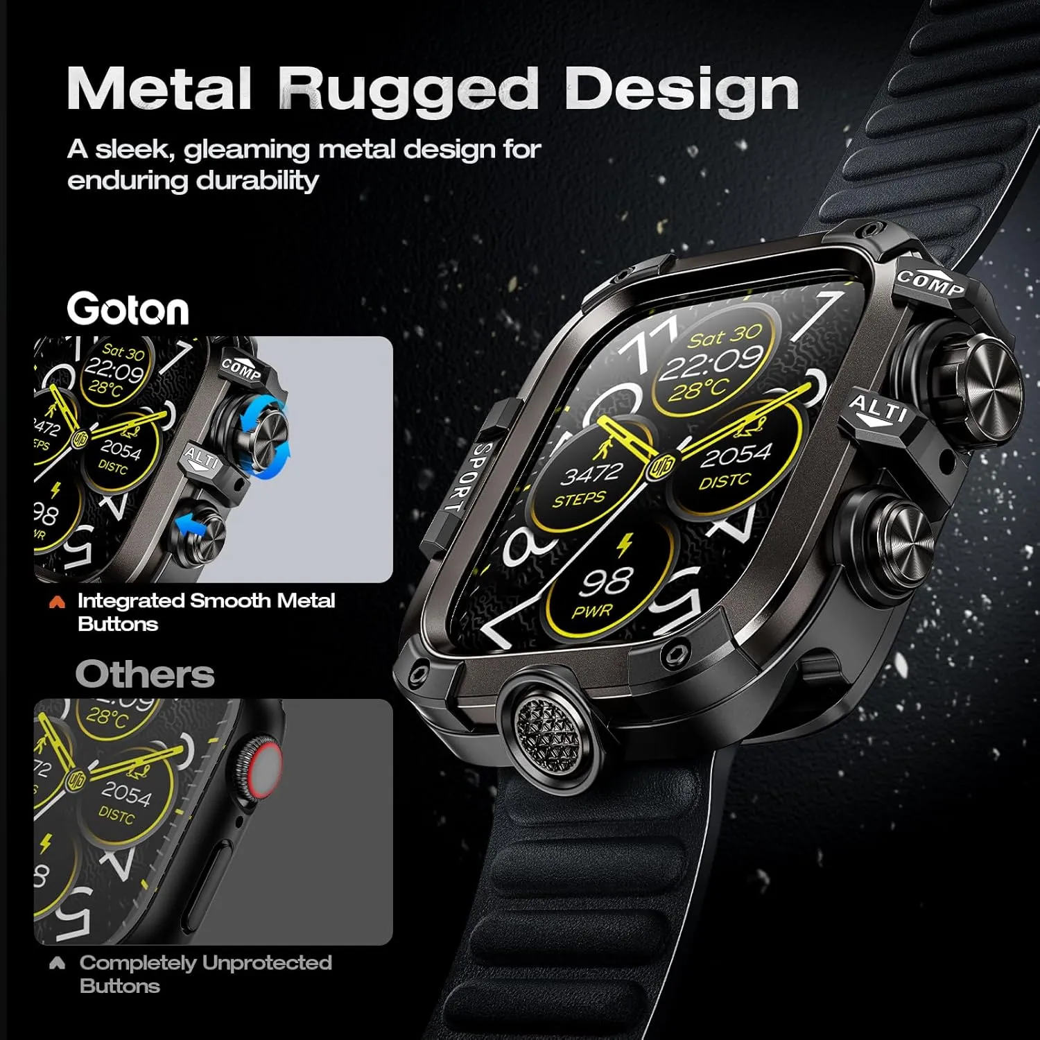 [2 in 1] Goton Metal Waterproof Case for Apple Watch Screen Protector 45mm Series 9 8 7, 360 Protective Metal Rugged Face Cover Hard PC Back Cover for iWatch Accessories, Black