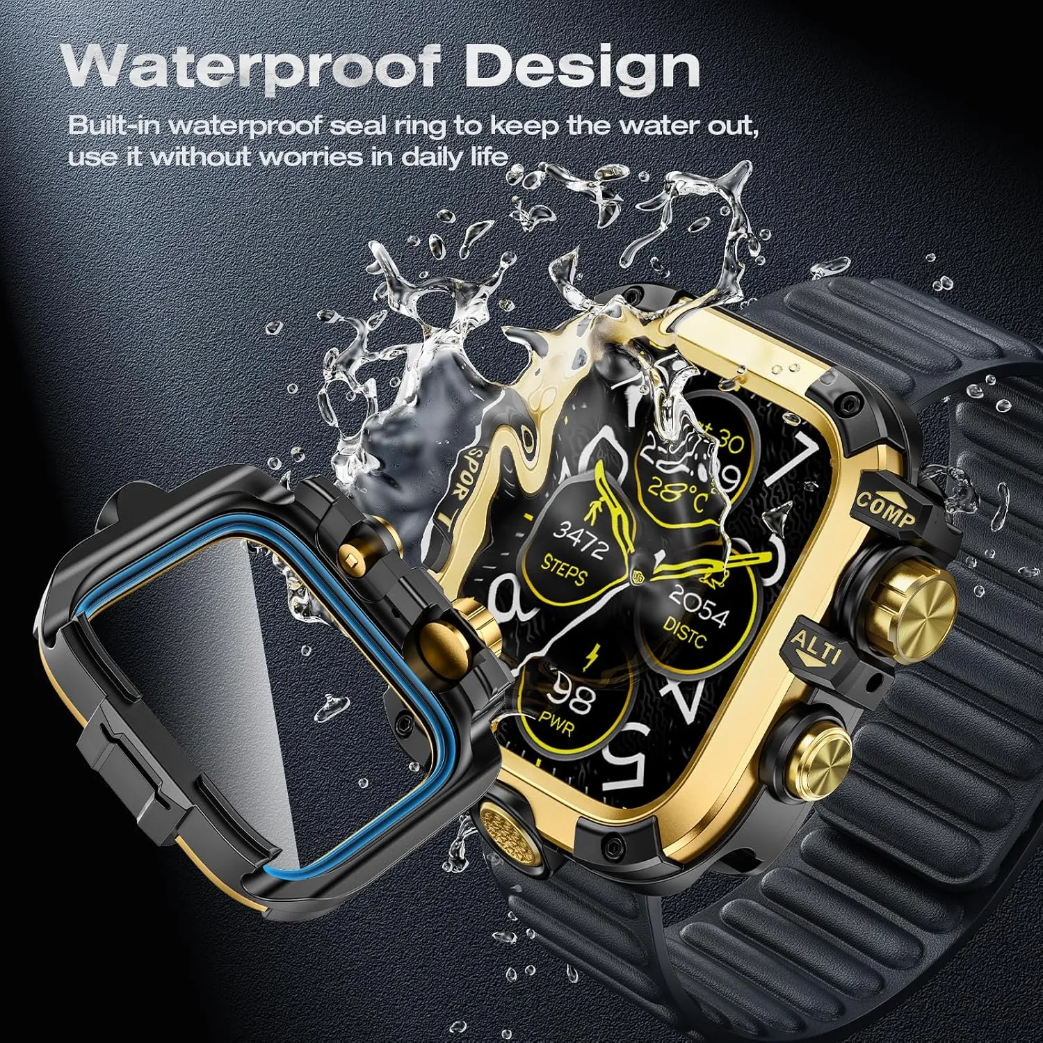 [2 in 1] Goton Metal Waterproof Case for Apple Watch Screen Protector 45mm Series 9 8 7, 360 Protective Metal Rugged Face Cover Hard PC Back Cover for iWatch Accessories, Gold