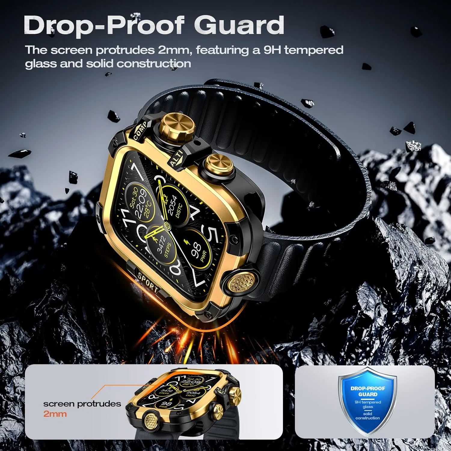 [2 in 1] Goton Metal Waterproof Case for Apple Watch Screen Protector 45mm Series 9 8 7, 360 Protective Metal Rugged Face Cover Hard PC Back Cover for iWatch Accessories, Gold