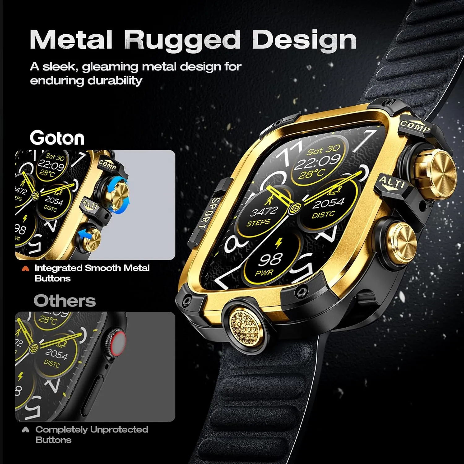 [2 in 1] Goton Metal Waterproof Case for Apple Watch Screen Protector 45mm Series 9 8 7, 360 Protective Metal Rugged Face Cover Hard PC Back Cover for iWatch Accessories, Gold