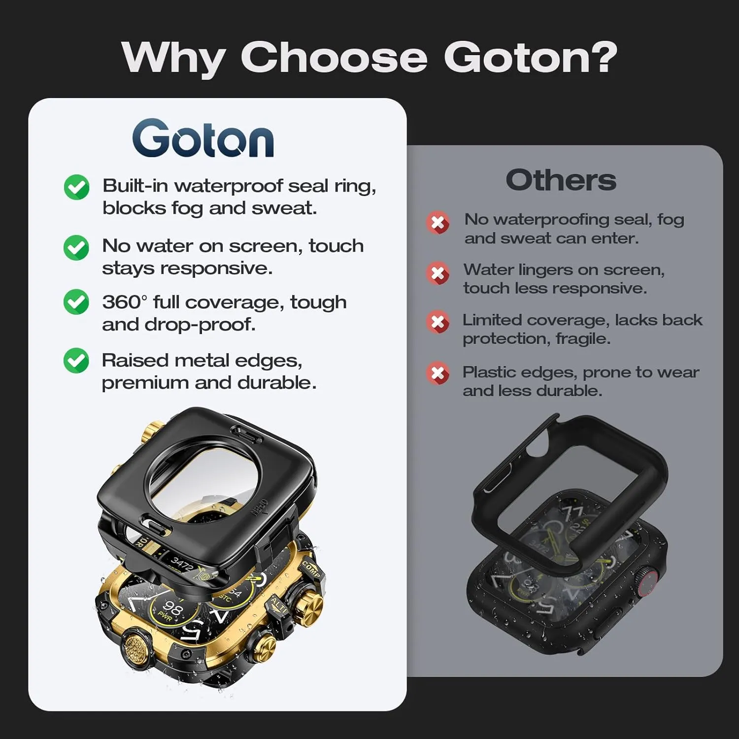 [2 in 1] Goton Metal Waterproof Case for Apple Watch Screen Protector 45mm Series 9 8 7, 360 Protective Metal Rugged Face Cover Hard PC Back Cover for iWatch Accessories, Gold