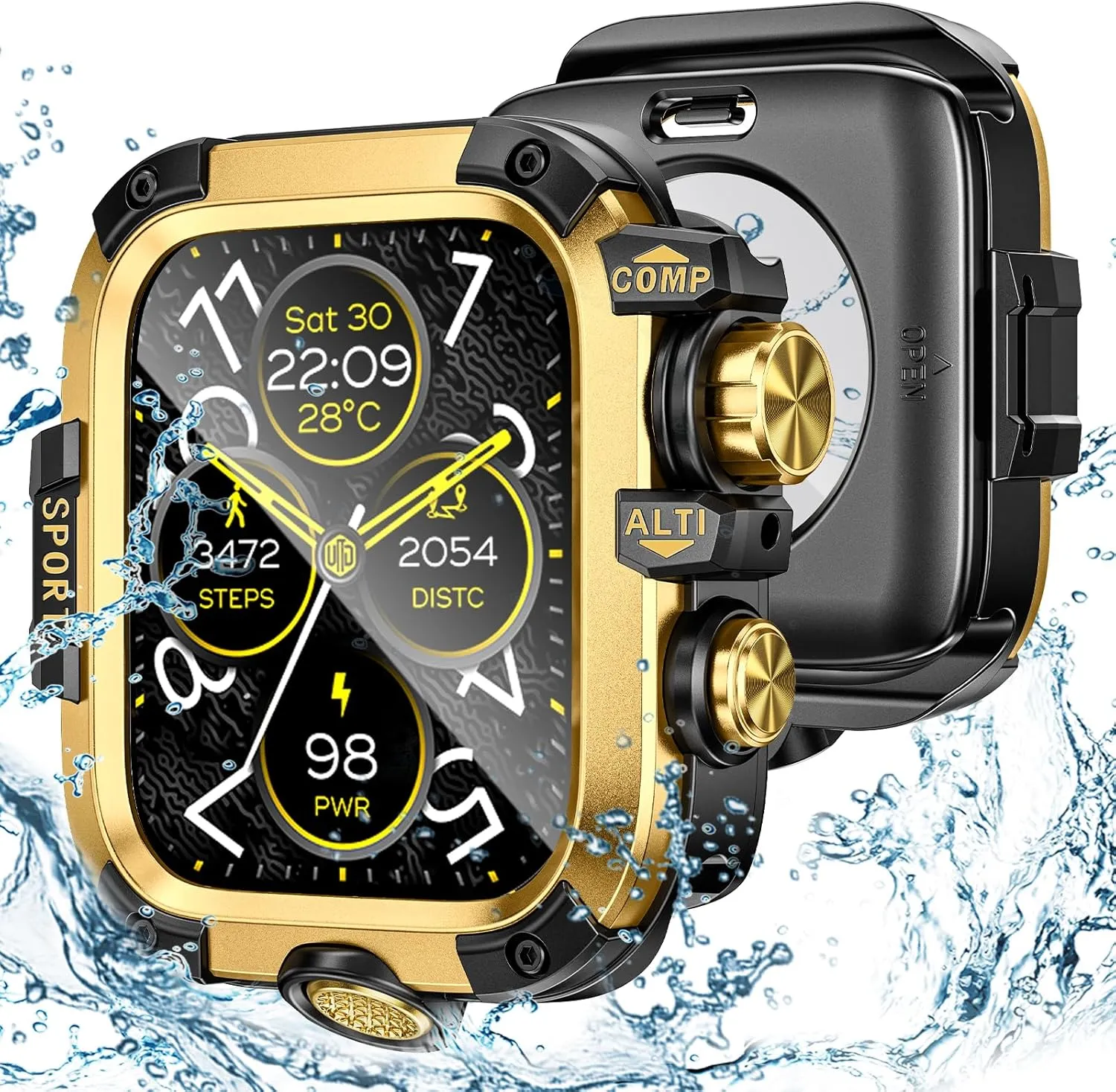[2 in 1] Goton Metal Waterproof Case for Apple Watch Screen Protector 45mm Series 9 8 7, 360 Protective Metal Rugged Face Cover Hard PC Back Cover for iWatch Accessories, Gold