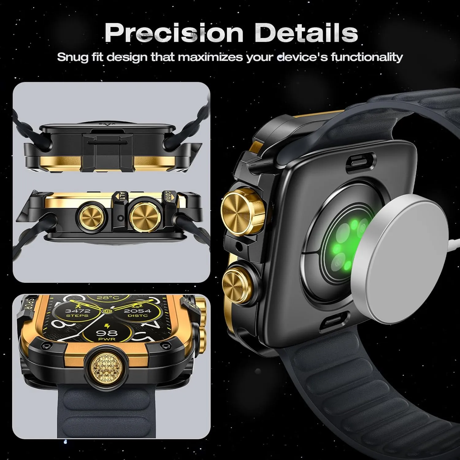[2 in 1] Goton Metal Waterproof Case for Apple Watch Screen Protector 45mm Series 9 8 7, 360 Protective Metal Rugged Face Cover Hard PC Back Cover for iWatch Accessories, Gold