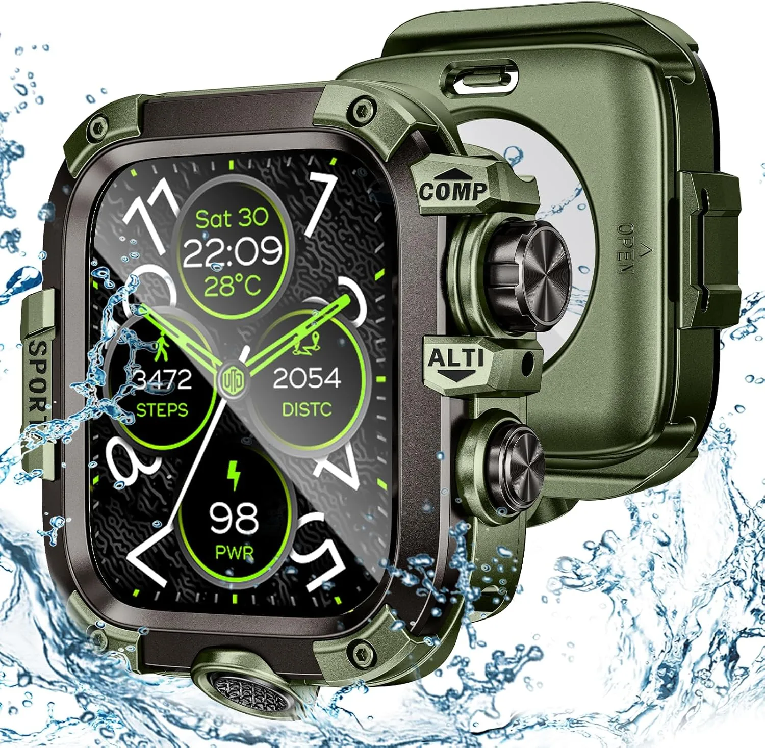 [2 in 1] Goton Metal Waterproof Case for Apple Watch Screen Protector 45mm Series 9 8 7, 360 Protective Metal Rugged Face Cover Hard PC Back Cover for iWatch Accessories, Green