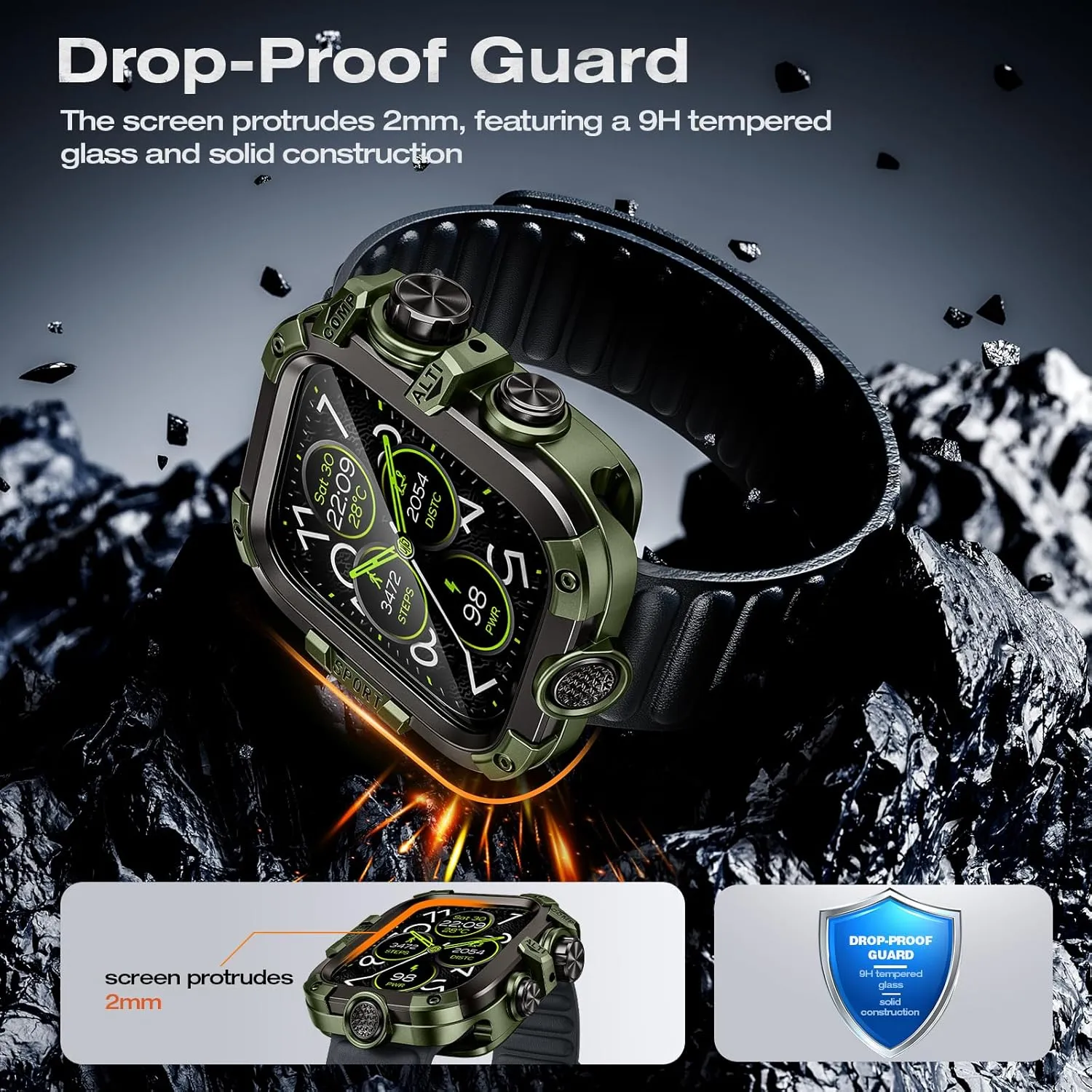 [2 in 1] Goton Metal Waterproof Case for Apple Watch Screen Protector 45mm Series 9 8 7, 360 Protective Metal Rugged Face Cover Hard PC Back Cover for iWatch Accessories, Green