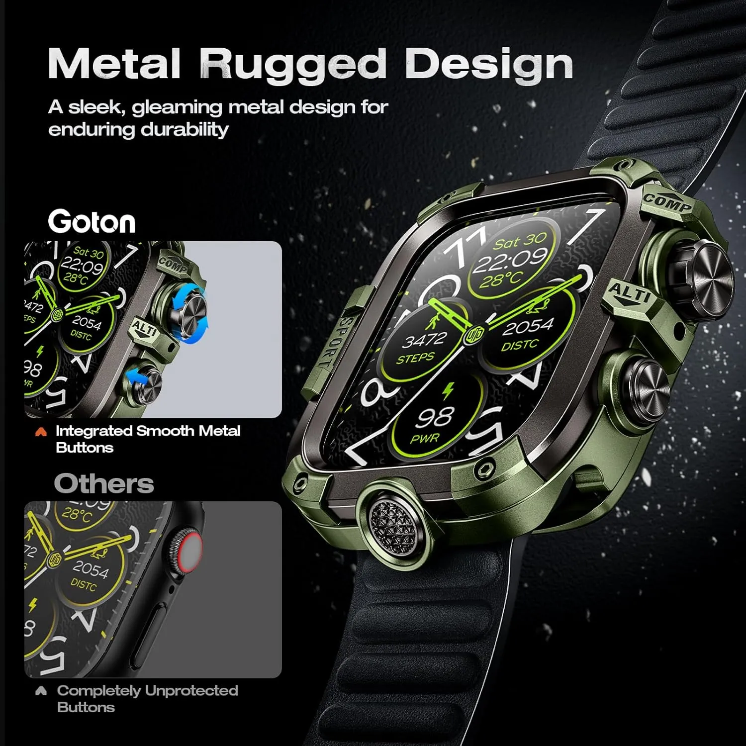 [2 in 1] Goton Metal Waterproof Case for Apple Watch Screen Protector 45mm Series 9 8 7, 360 Protective Metal Rugged Face Cover Hard PC Back Cover for iWatch Accessories, Green