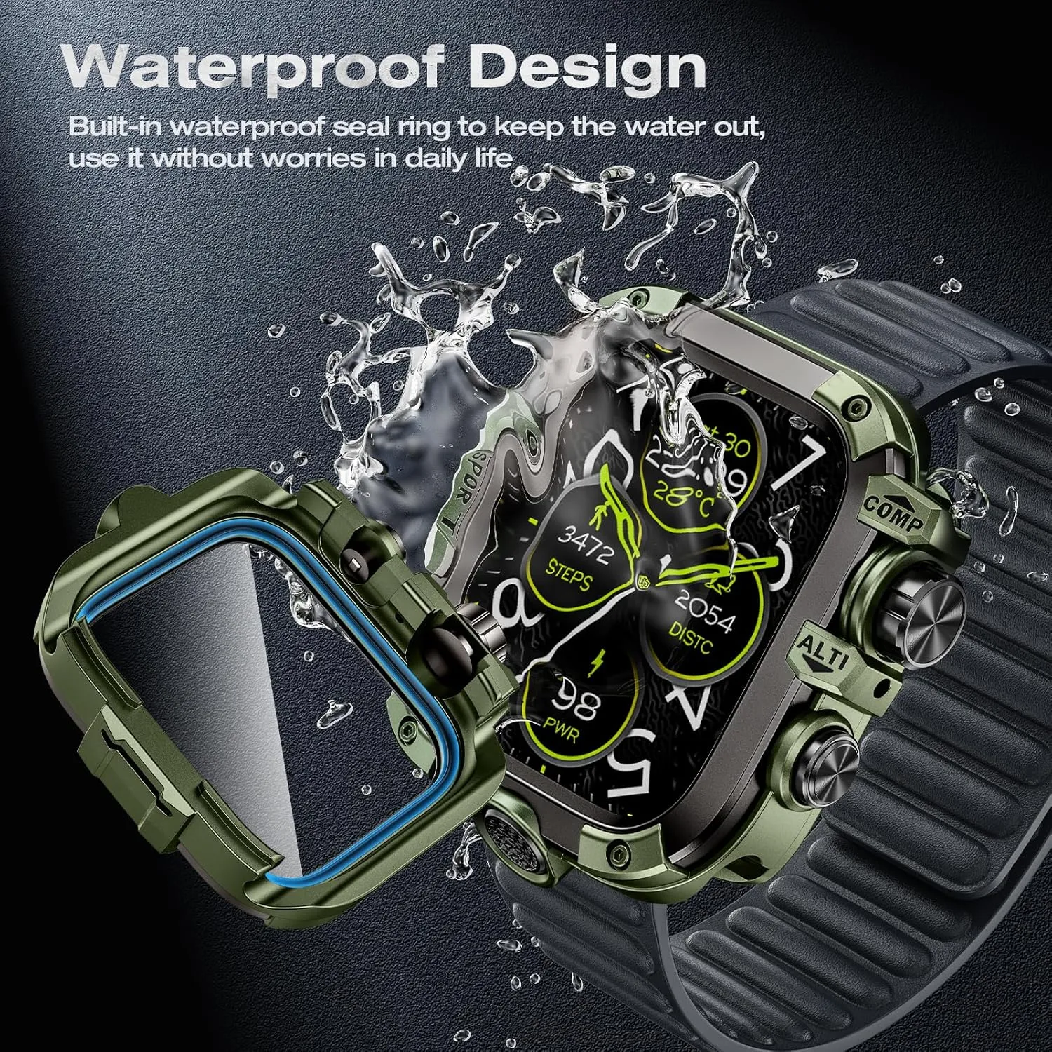 [2 in 1] Goton Metal Waterproof Case for Apple Watch Screen Protector 45mm Series 9 8 7, 360 Protective Metal Rugged Face Cover Hard PC Back Cover for iWatch Accessories, Green