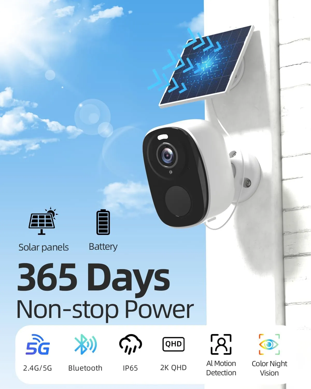 2.4&5ghz WiFi Solar Security Cameras Wireless Outdoor,2K QHD Home Security System, 4 Cameras Kit with 130 Ultra-Wide View, 2-Way Talk, IP65,Color Night Vision, Spotlight & Siren (1, White)