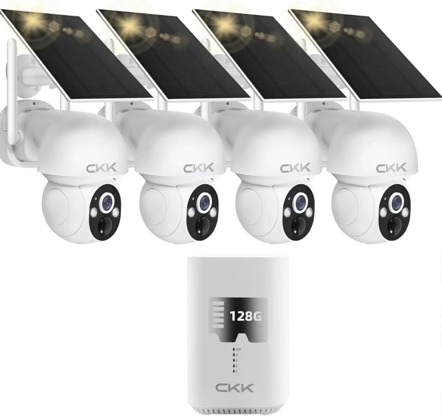 2.5K Home Security Solar Cameras Wireless System,4 Cameras Kit with Solar Battery Powered, 360 WiFi Camera with PIR,2-Way Audio, Spotlight Camera, 128G Local Storage,99% New-Showpiece