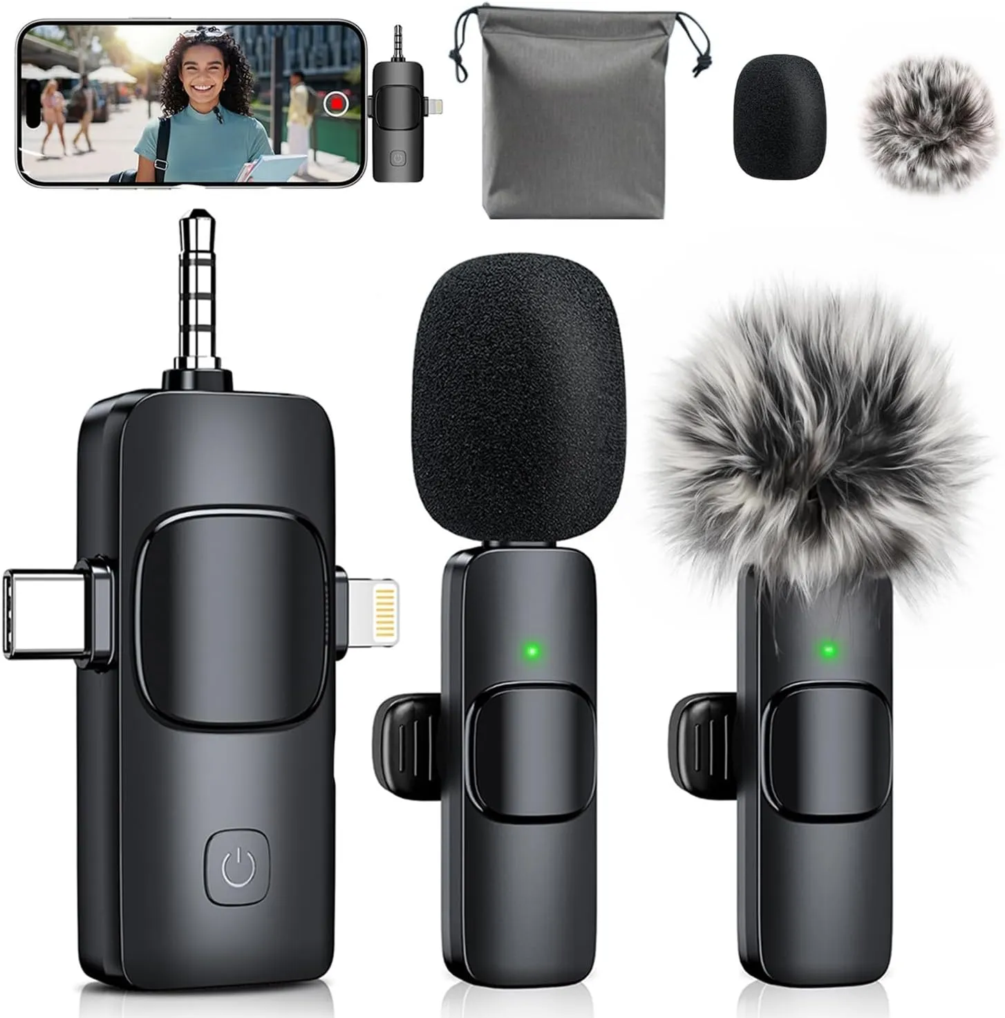 3-in-1 Mini Microphone for iPhone: Wireless Lavalier Microphones for iOS/Android Devices/Camera - Noise Reduction Lapel Mic - Clip on Mic for Video Recording Vlog/YouTube/Interview