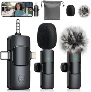 3-in-1 Mini Microphone for iPhone: Wireless Lavalier Microphones for iOS/Android Devices/Camera - Noise Reduction Lapel Mic - Clip on Mic for Video Recording Vlog/YouTube/Interview