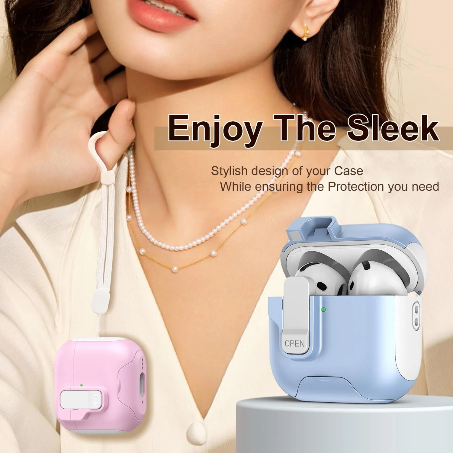 [3 in 1] SKPY Case Compatible with Airpods Pro/Pro 2 with Automatic Lock,Lanyard,and Cleaning Kit,Kickstand Design Shockproof Protection Cover for Women Men