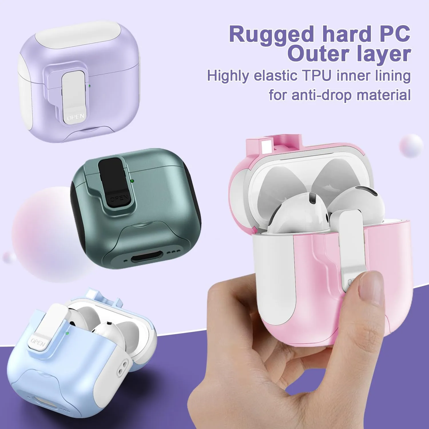 [3 in 1] SKPY Case Compatible with Airpods Pro/Pro 2 with Automatic Lock,Lanyard,and Cleaning Kit,Kickstand Design Shockproof Protection Cover for Women Men