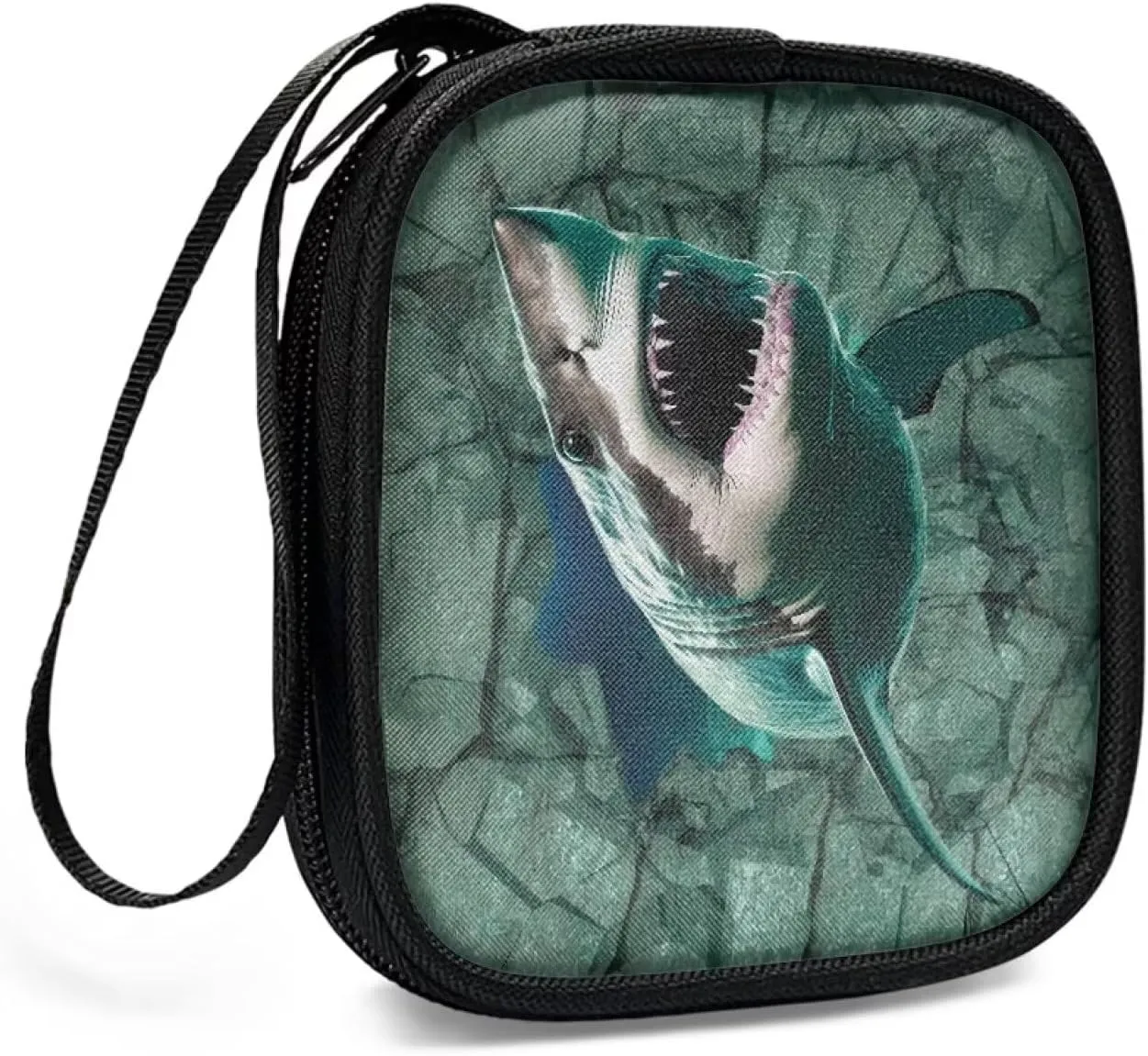 3D Shark Square Earbud Case Headphone Organizer Wired Ear Bud Carrying Case Storage Bag with Portable Handle for USB Cable Storage