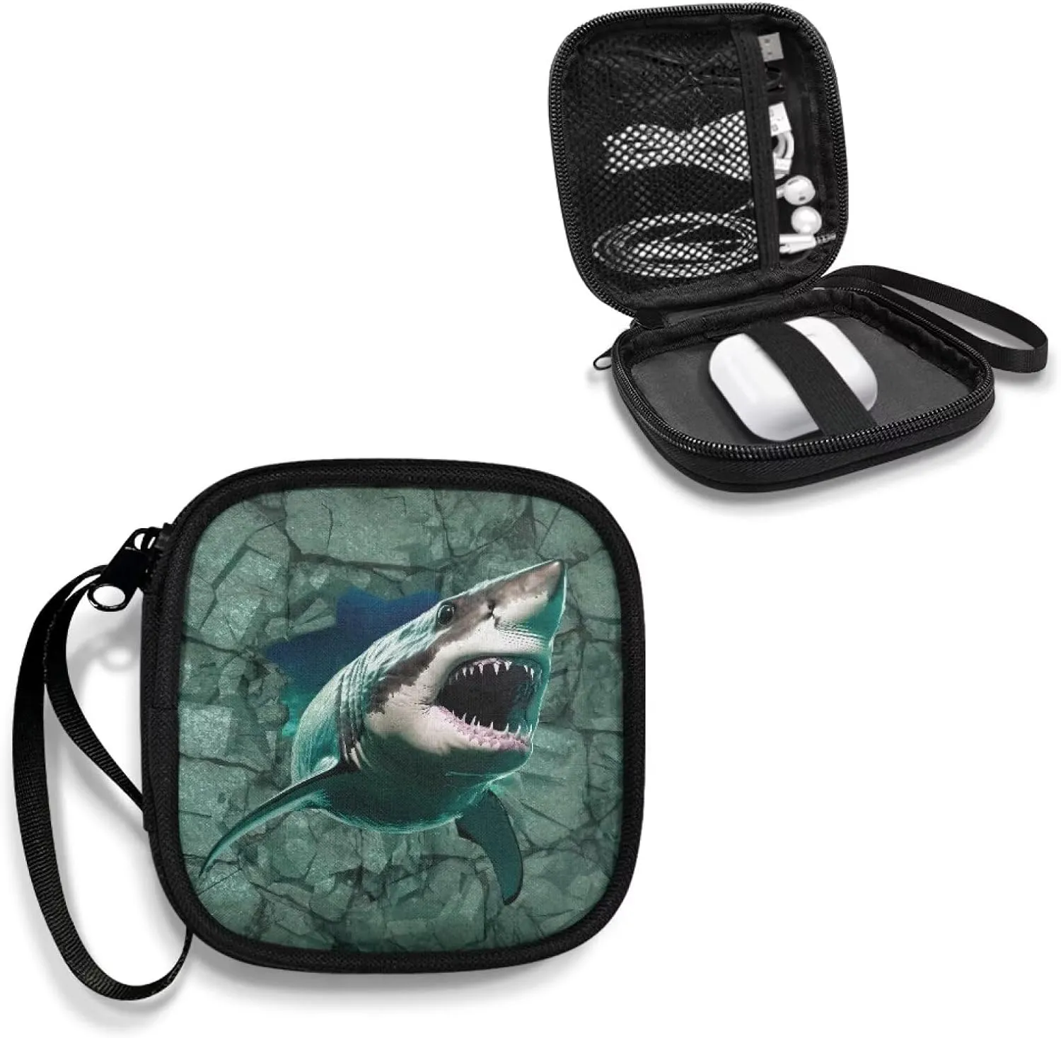 3D Shark Square Earbud Case Headphone Organizer Wired Ear Bud Carrying Case Storage Bag with Portable Handle for USB Cable Storage