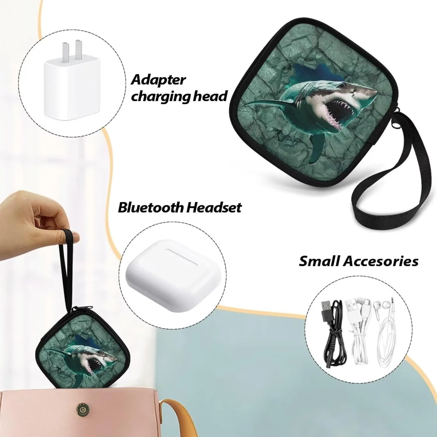 3D Shark Square Earbud Case Headphone Organizer Wired Ear Bud Carrying Case Storage Bag with Portable Handle for USB Cable Storage