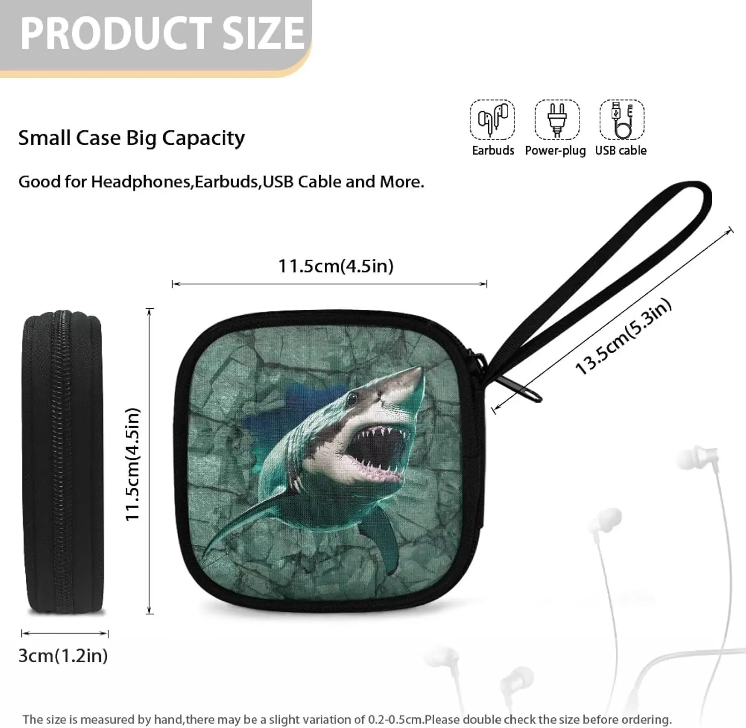 3D Shark Square Earbud Case Headphone Organizer Wired Ear Bud Carrying Case Storage Bag with Portable Handle for USB Cable Storage