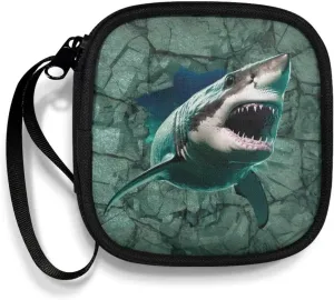 3D Shark Square Earbud Case Headphone Organizer Wired Ear Bud Carrying Case Storage Bag with Portable Handle for USB Cable Storage