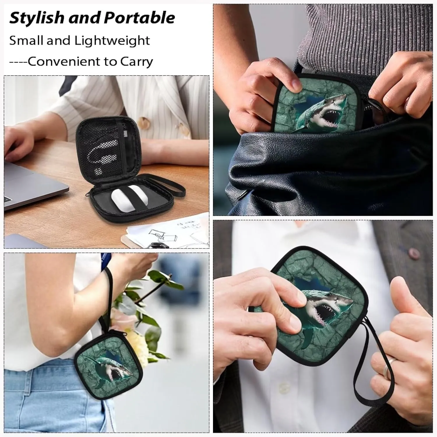 3D Shark Square Earbud Case Headphone Organizer Wired Ear Bud Carrying Case Storage Bag with Portable Handle for USB Cable Storage