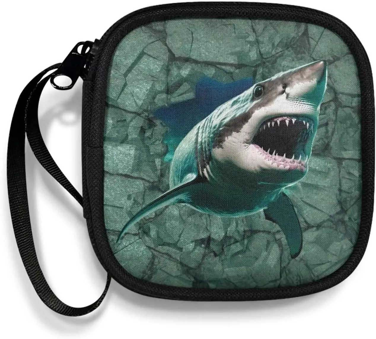3D Shark Square Earbud Case Headphone Organizer Wired Ear Bud Carrying Case Storage Bag with Portable Handle for USB Cable Storage