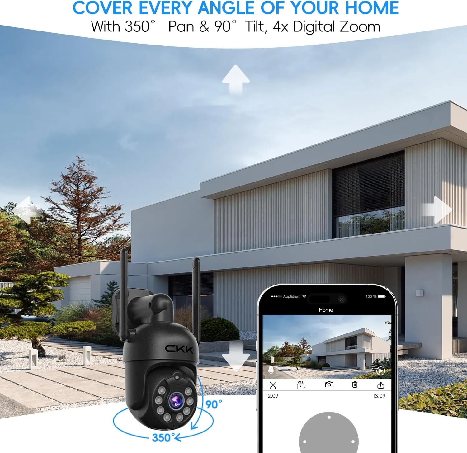[3K, 360 View] 5MP Wireless Security Camera System, 4pcs 3K PTZ Cameras Outdoor Indoor, C102 Dual WiFi Surveillance System NVR with 4LED Floodlights & Siren Alarm, 2 Way Audio,Motion Sensor,1TB HDD