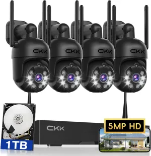[3K, 360 View] 5MP Wireless Security Camera System, 4pcs 3K PTZ Cameras Outdoor Indoor, C102 Dual WiFi Surveillance System NVR with 4LED Floodlights & Siren Alarm, 2 Way Audio,Motion Sensor,1TB HDD