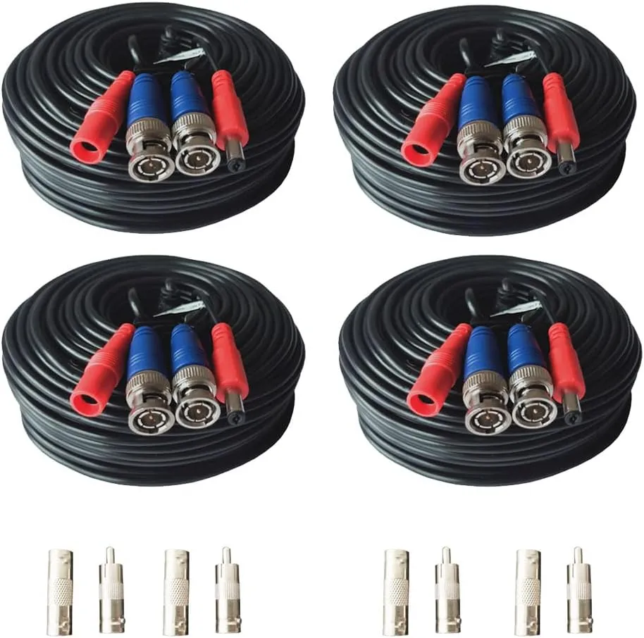 4 Pack 100ft All-in-One Video Power Cables, Security Camera Cable BNC Extension Surveillance Wire Cord for CCTV Security DVR System Installation