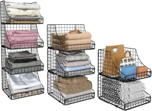 4-Pack Stackable Wire Baskets for Closet Organizers and Storage, Open Storage Bins for Clothes, Toys, and Snacks - Rustic Metal Closet Organizers and Storage Shelves in Black