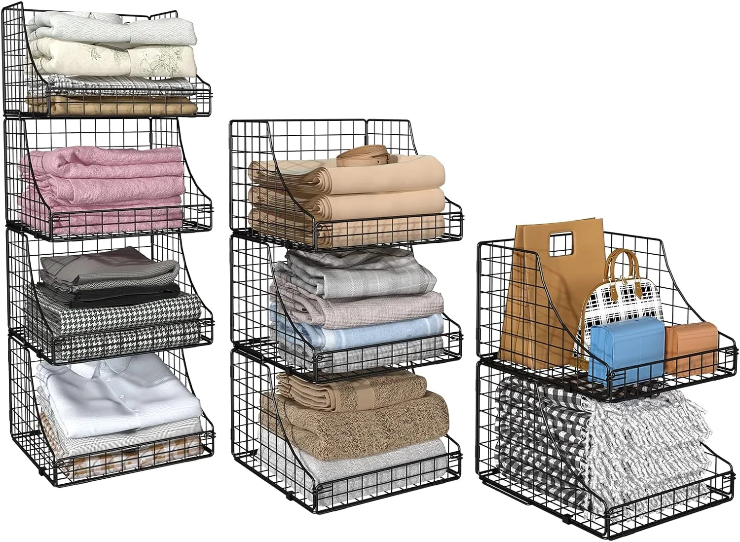 4-Pack Stackable Wire Baskets for Closet Organizers and Storage, Open Storage Bins for Clothes, Toys, and Snacks - Rustic Metal Closet Organizers and Storage Shelves in Black