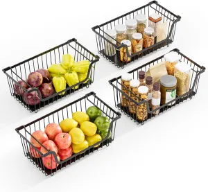 4 Pcs Stackable Wire Baskets for Pantry Organizers and Storage,Kitchen Storage Metal Baskets,Produce Potato Onion Storage Bin,Vegetable Fruit Basket for Countertop,Black