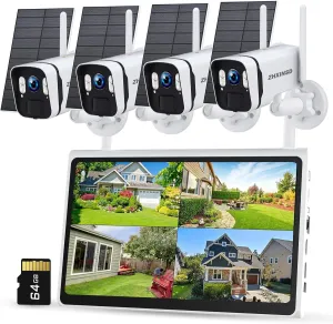 4MP Solar Powered Security Camera Outdoor Wireless System with 10" Monitor, 5G/2.4G WiFi 4PCS Outdoor Battery Camera with Solar Panel10CH Home Security System AI Human Detection 2-Way Audio