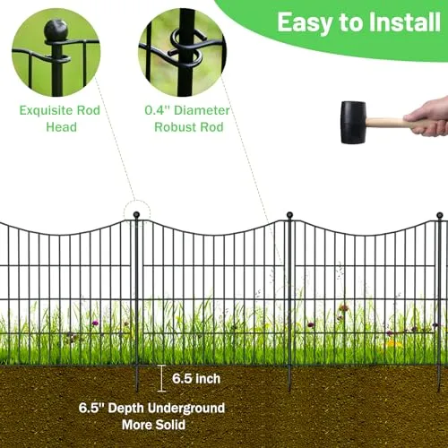 5 Panels No Dig Decorative Outdoor Garden Fence for Yard, 24 in(H) X 10 ft(L) Animal Barrier Fencing Rustproof Metal Wire Panel Border for Dog, Rabbits, and Patio Temporary Ground Stakes Defense