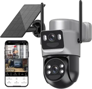 6MP Solar Security Camera Wireless Outdoor, 2.4ghz & 5ghz WiFi, Fixed & Rotating Dual Lens 2-in-1 Home Security Camera with Color Night Vision, Auto Tracking, Human Detection, Spotlight Siren