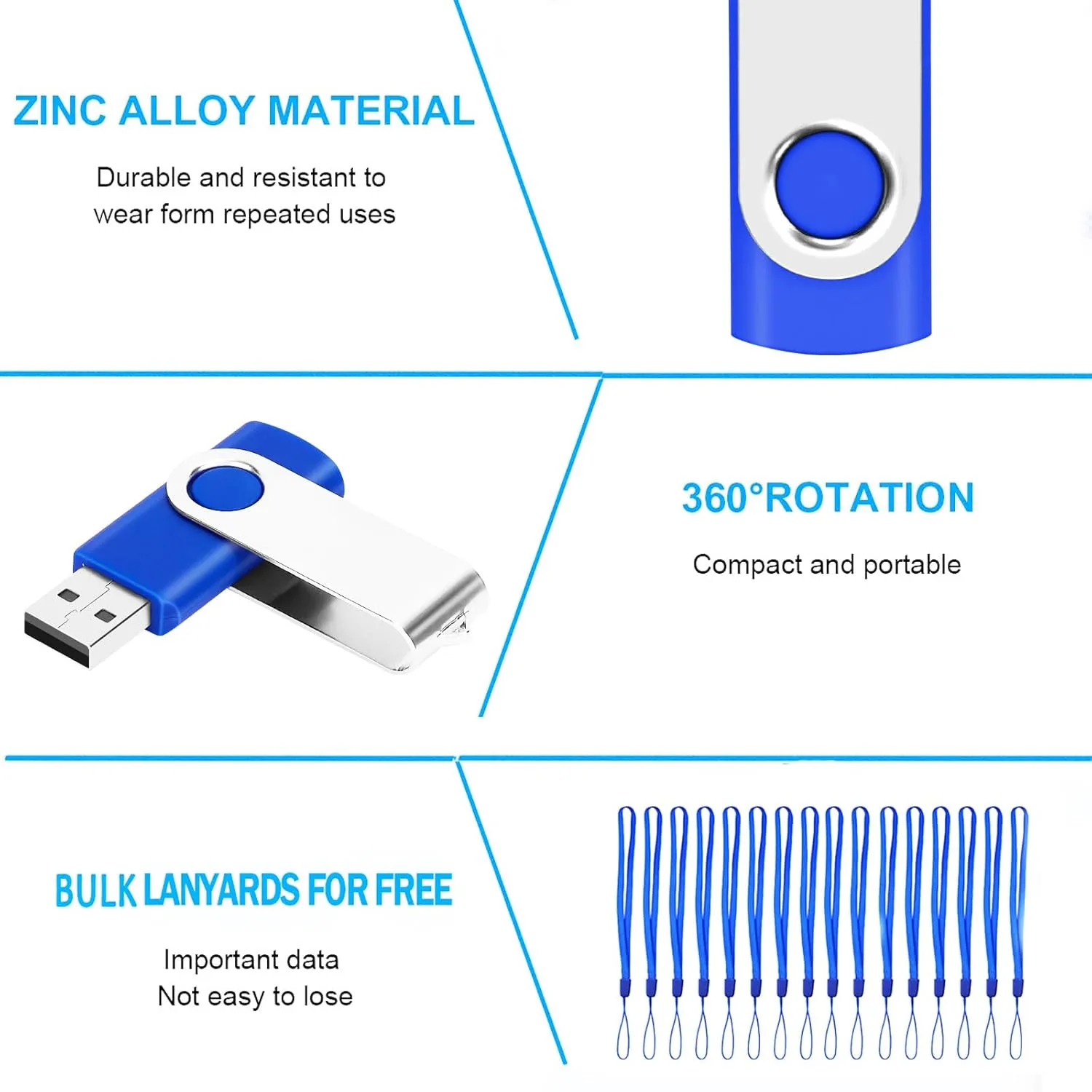 8GB Bulk USB Flash Drives 20 Pack, EASTBULL USB 2.0 Swivel USB Stick Bulk Gig Stick Metal Thumb Fold Storage (Blue)
