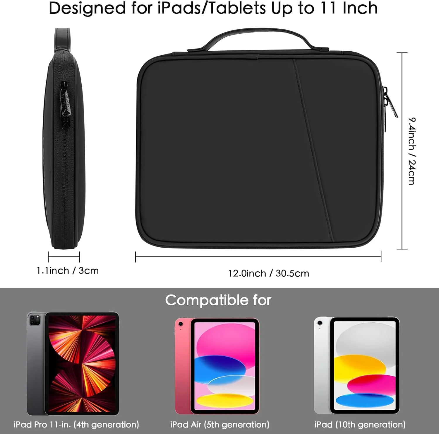 9-11 Inch iPad Sleeve Case, Padded Tablet Carrying Pouch Bag for iPad Pro 11 (2022-2018), iPad Air (5/4th Gen), iPad 10.9 (10th Gen), Galaxy Tab S9/S8 (Black,9-11)