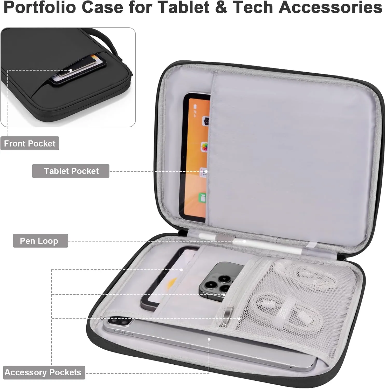 9-11 Inch iPad Sleeve Case, Padded Tablet Carrying Pouch Bag for iPad Pro 11 (2022-2018), iPad Air (5/4th Gen), iPad 10.9 (10th Gen), Galaxy Tab S9/S8 (Black,9-11)