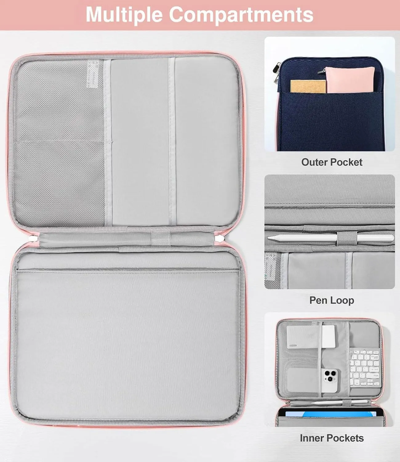 9-11" Tablet Sleeve Organizer Carrying Case with Handle for iPad 10th Gen 10.9" Air5/4, iPad (A16) 11", iPad 9/8/7th 10.2, iPad Air/Pro 11", Galaxy Tab A9  11", Remarkable 2, Indigo & Pink