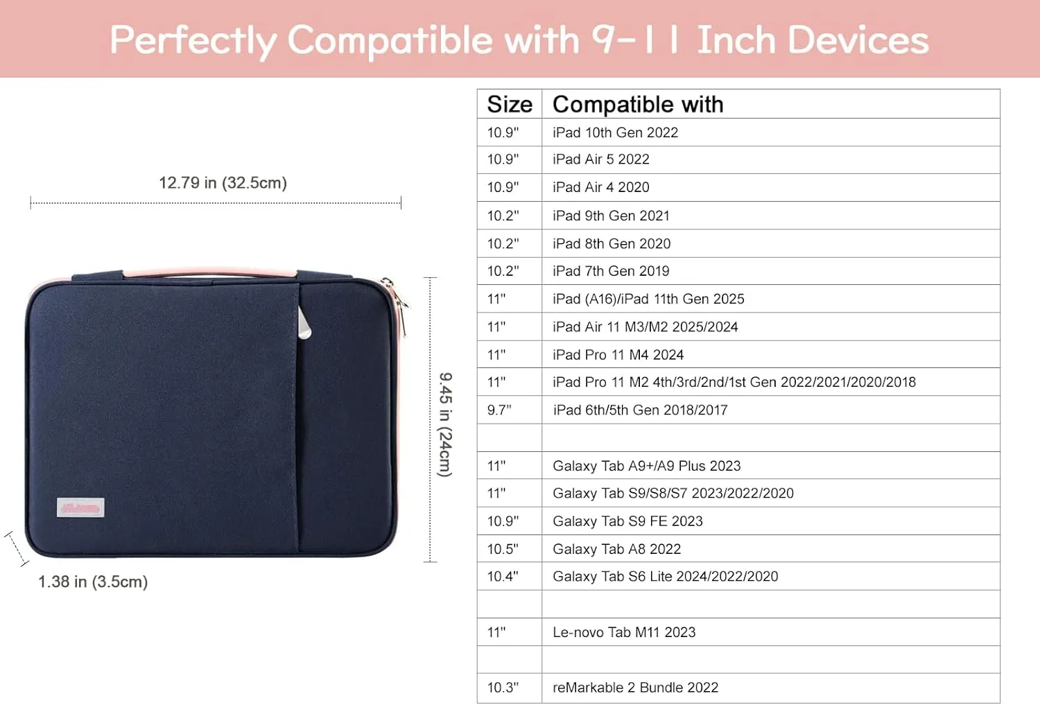 9-11" Tablet Sleeve Organizer Carrying Case with Handle for iPad 10th Gen 10.9" Air5/4, iPad (A16) 11", iPad 9/8/7th 10.2, iPad Air/Pro 11", Galaxy Tab A9  11", Remarkable 2, Indigo & Pink