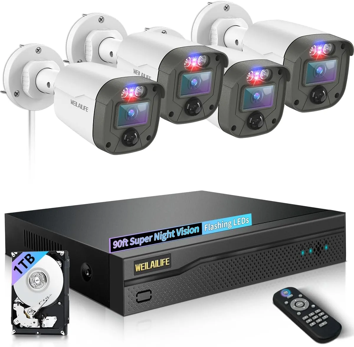 90ft Super Night Vision 5MP Outdoor Wired Security Camera System, Home Video Surveillance Systems, CCTV Cameras with DVR Recorder