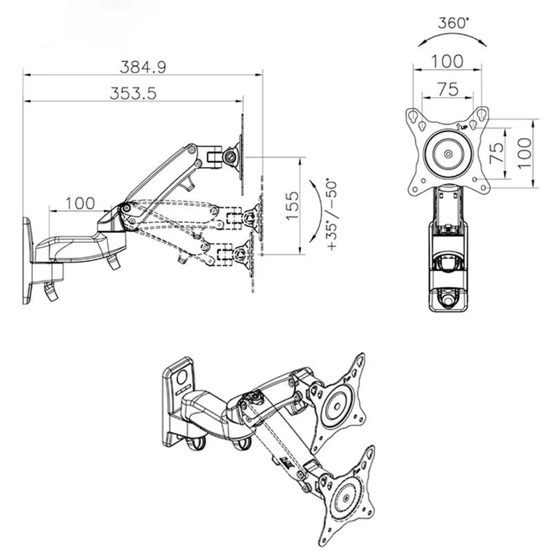 Adjustable Gas Spring Arm Wall Mount for 17-27 Led Lcd Monitors