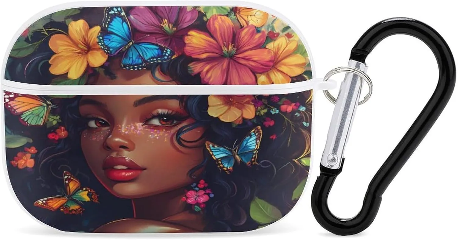 African Am-erican Flower Black Women Earbud Case Bluetooth Headphone Case Full Protective Case with Keychain Compatible with Airpods Pro White-Style