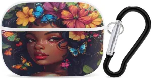 African Am-erican Flower Black Women Earbud Case Bluetooth Headphone Case Full Protective Case with Keychain Compatible with Airpods Pro White-Style